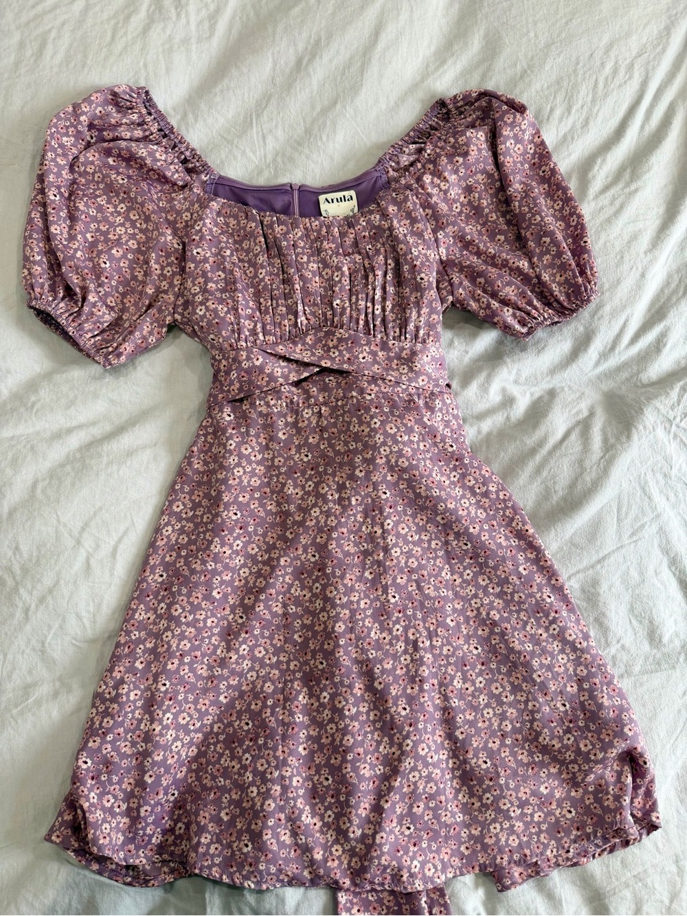 ARULA Purple Floral  Silky Puff-Sleeve Mini Dress